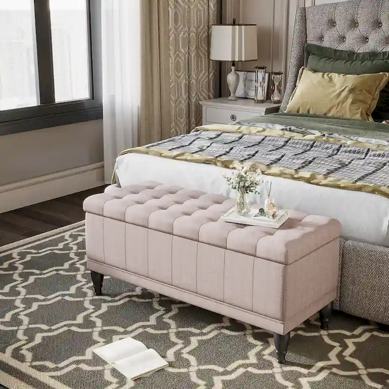Cream Fabric Tufted Storage Ottoman Bench, Single Seat