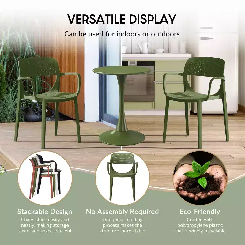 WestinTrends Playa 3-Piece Round Metal Bistro Dining Table Set And Stackable Resin Patio Dining Arm Chairs