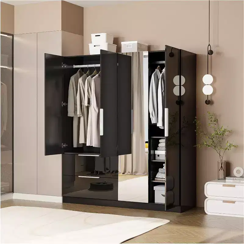 VINGLI 63 W x 73 H High Gloss Wardrobe Closet with Mirror, 4 Doors Armoire Wardrobe Closet Cabinet with Drawers and Hanging Rod, Modern Black