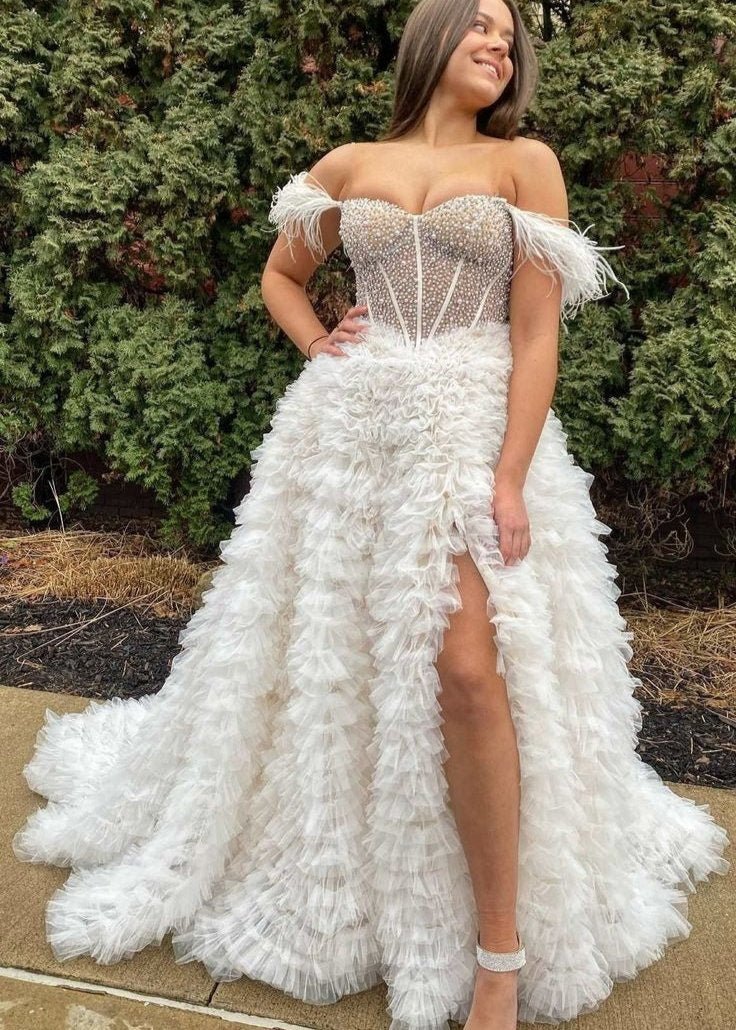 A Line Off the Shoulder Tiered Tulle Prom Dress With Slit