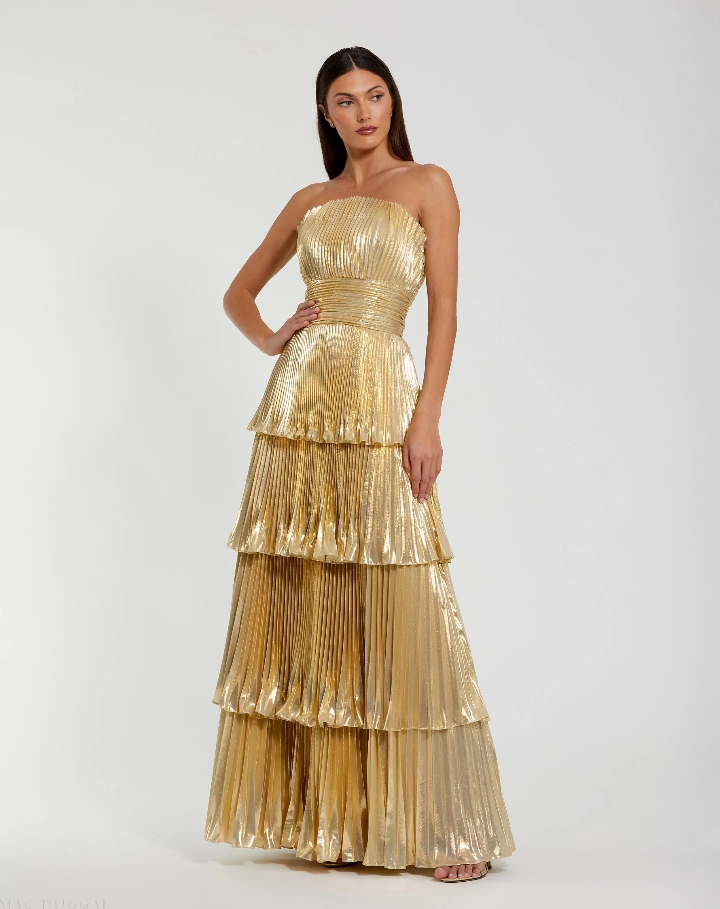 Gold Strapless Pleated Metallic Layered Ruffle Gown