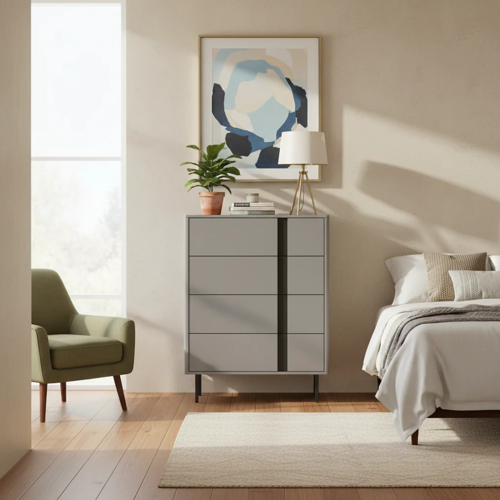 Grey Wood 5-Drawer Chest with Adjustable Metal Legs