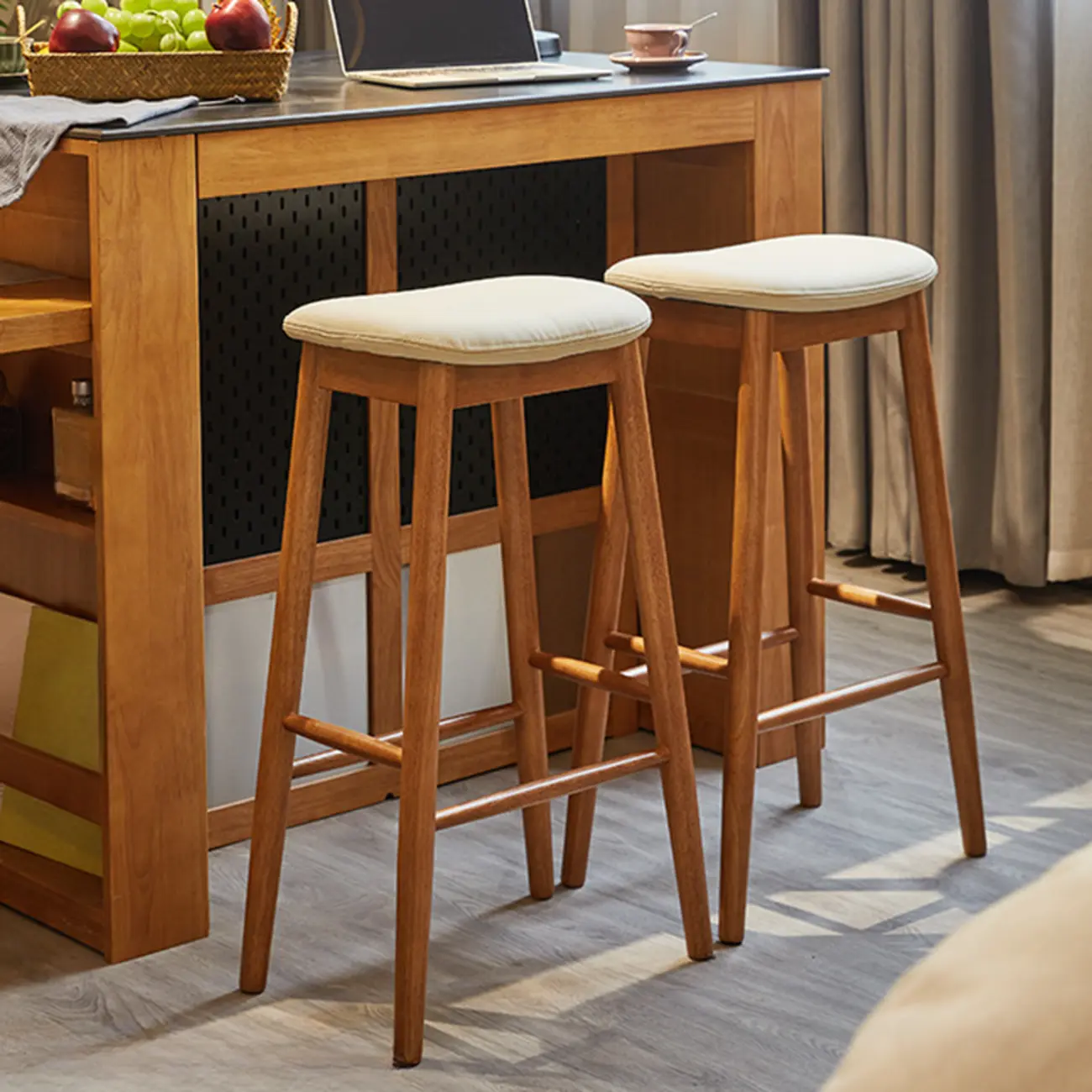 Brown Saddle Leather Seat Wooden Backless Bar Stools
