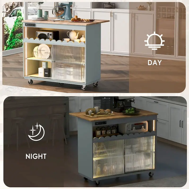 44 in. W Kitchen Island Rubberwood Drop-Leaf Countertop on 5 Wheels with Open Shelf and Wine Rack - 44