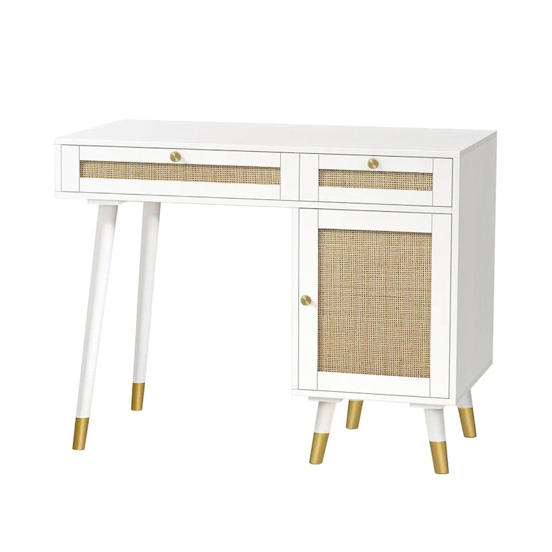 Computer Desk with 2 Drawers Modern Rattan Home Office Desk with File Cabinet
