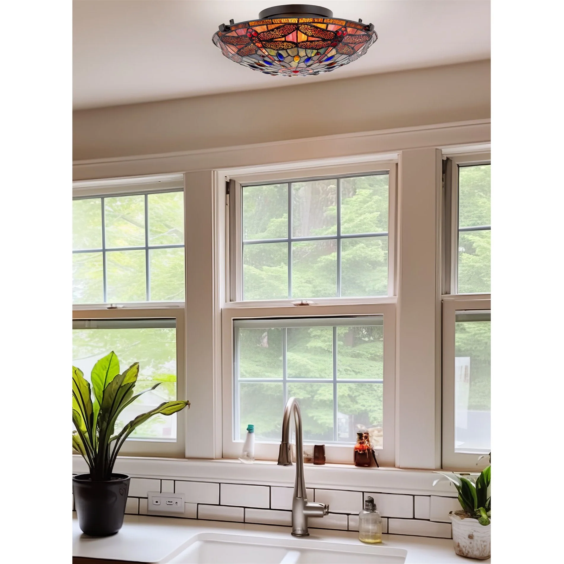 Mateo 16 2-Light Modern Dragonfly Tiffany Glass Flush Mount Ceiling Light