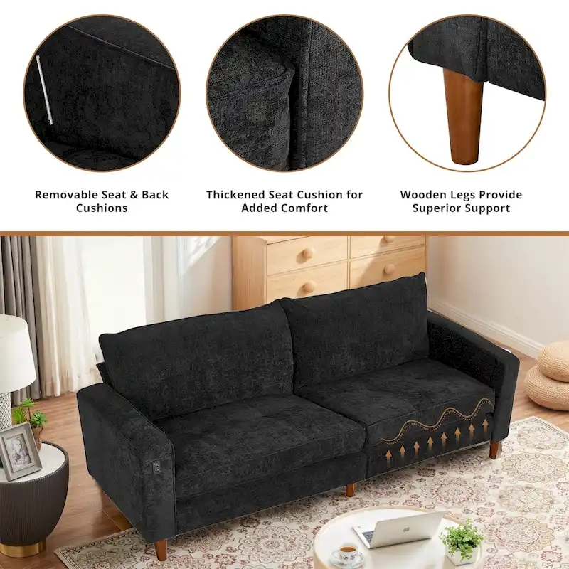82.6 Inch Modern Living Room Chenille Recliner Sofa, loveseat Sofa,Removable Sofa Cover with USB, Easy to Instal