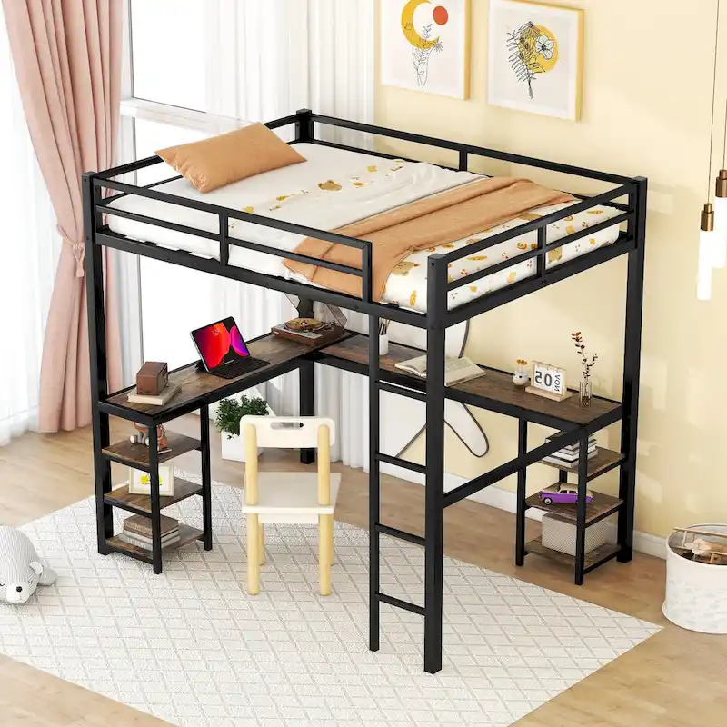 Full Size Metal Loft Bed with Vintage Wood-colored Desk