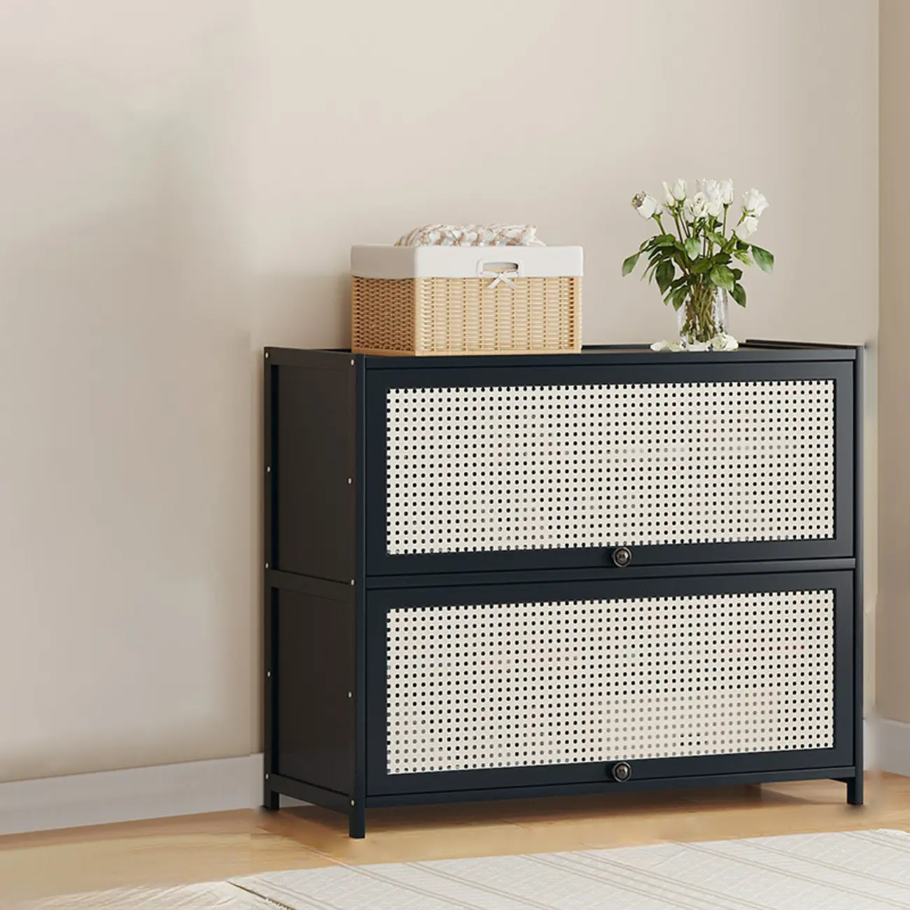 Modern Black Bamboo Shoe Cabinet with Rattan Panels