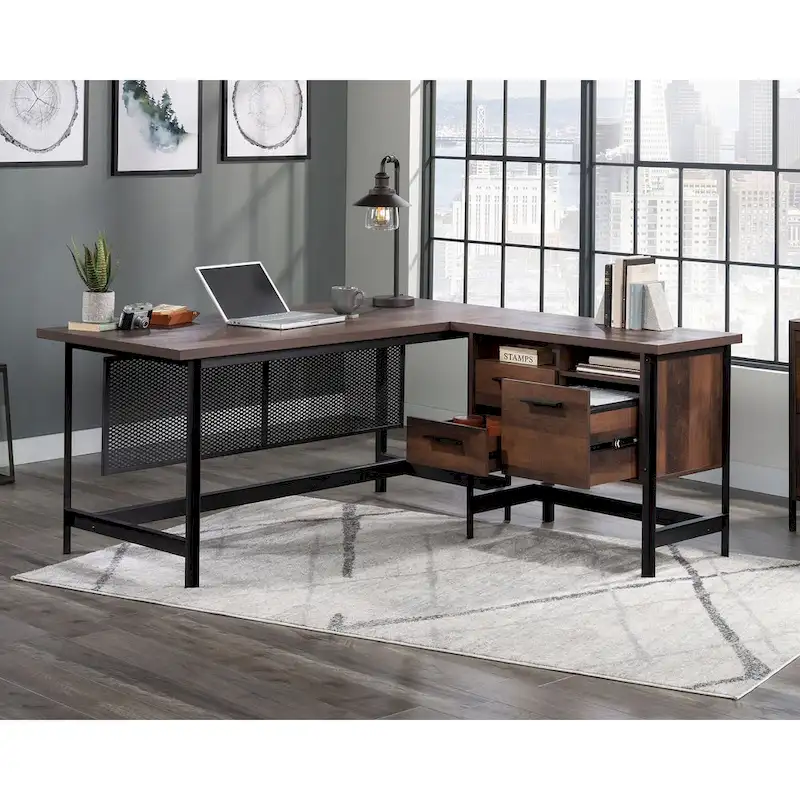 L-Shaped Office Desk with 3 Drawers and File Drawer, Barrel Oak Finish