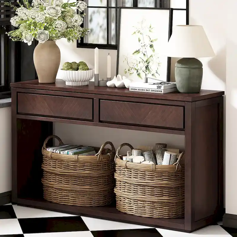 55 Rustic Console Table with Drawers and Open Shelf for Living Room
