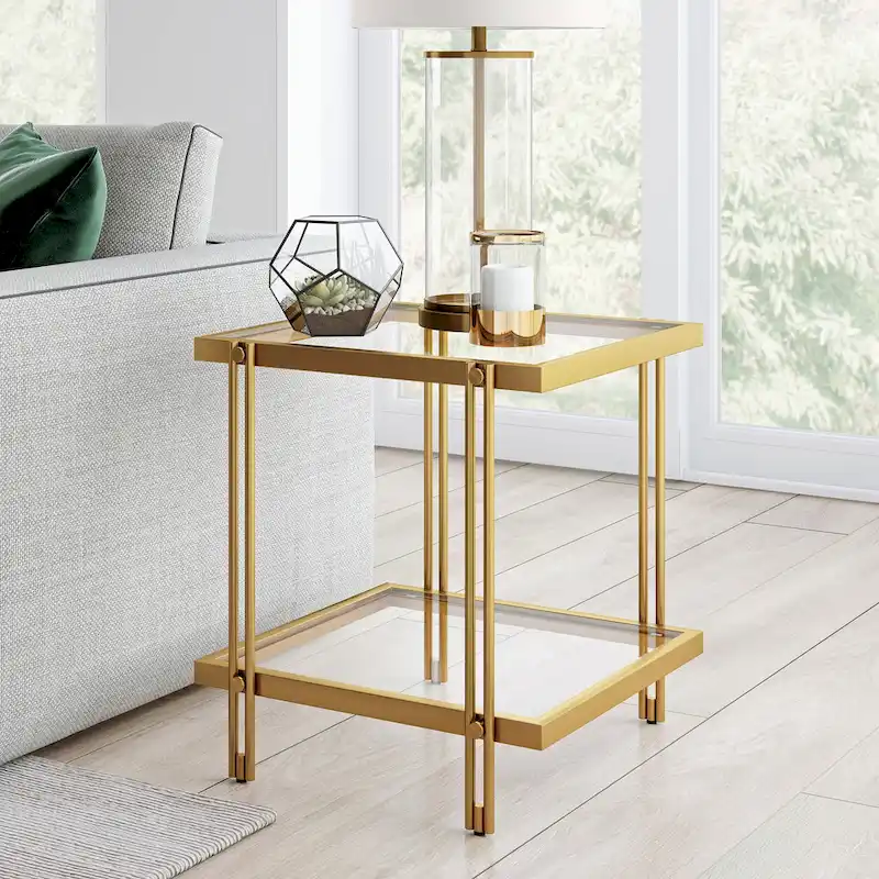Brass / Blackened Bronze / Brass Walnut Geometric Steel & Glass Side Table – Single