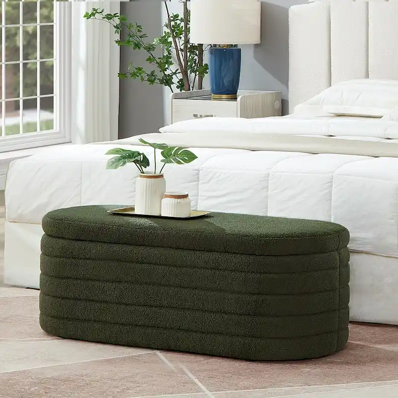 Modern Oval Storage Ottoman Bench,Boucle Teddy Fabric End of Bed Bench with Storage,End of Bed Stool with Safety Hinge