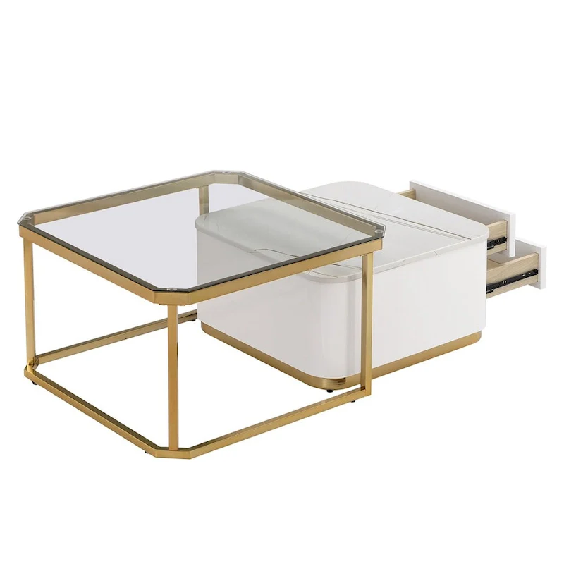 2 Pieces Nesting Coffee Table w/ Drawers & Electroplated Gold Legs