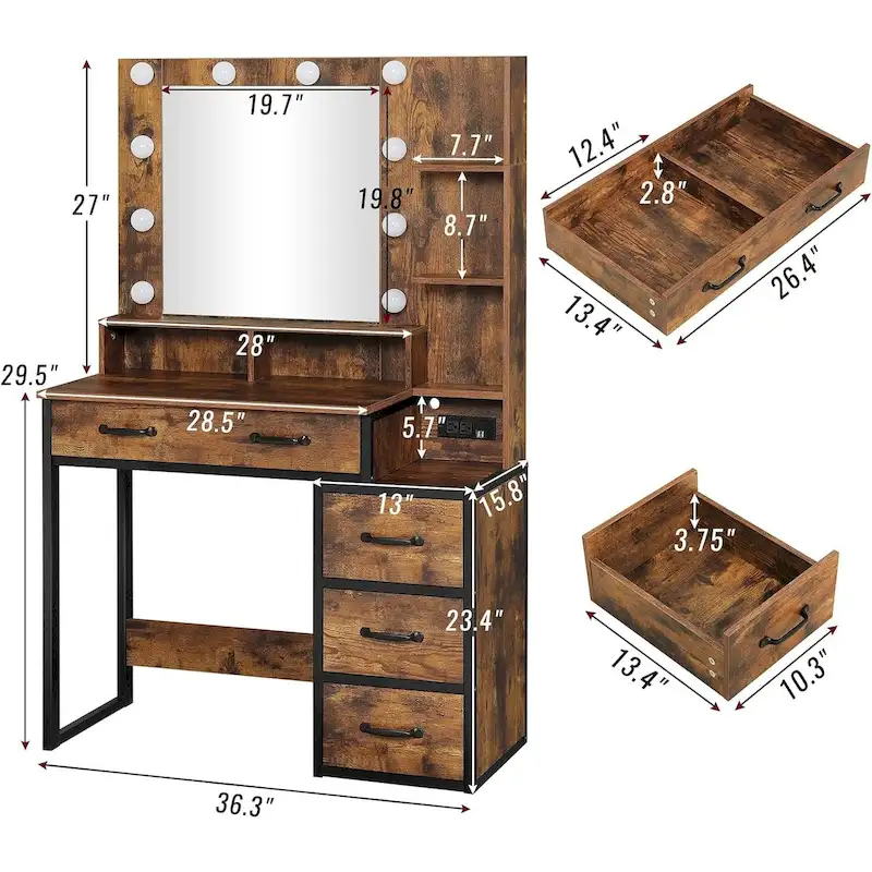 Lighted Makeup Vanity Desk with Mirror & 5 Drawers – White / Black / Brown, Single