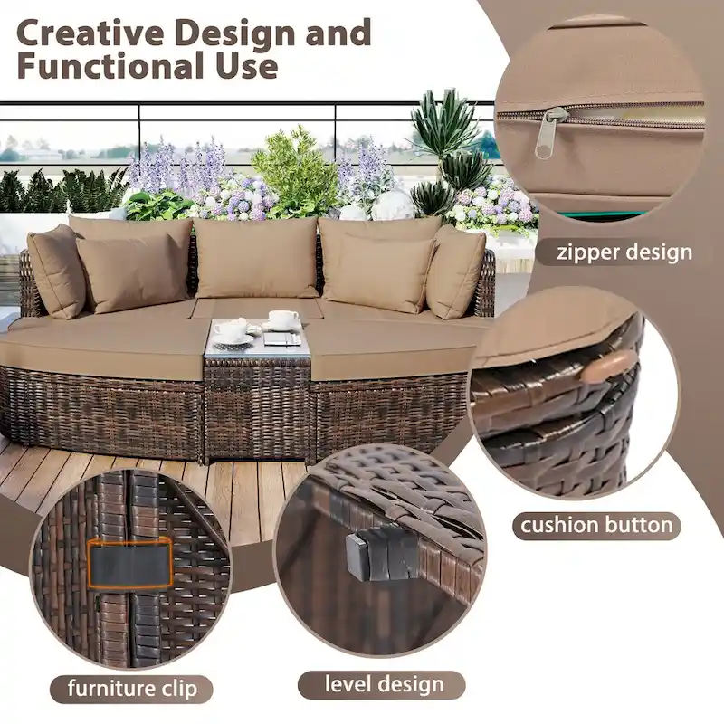 Patio Conversation Set Wicker Round Sofa Set Separate Seating Group with Coffee Table Daybed Rattan Sunlounger Loveseat Sleeper
