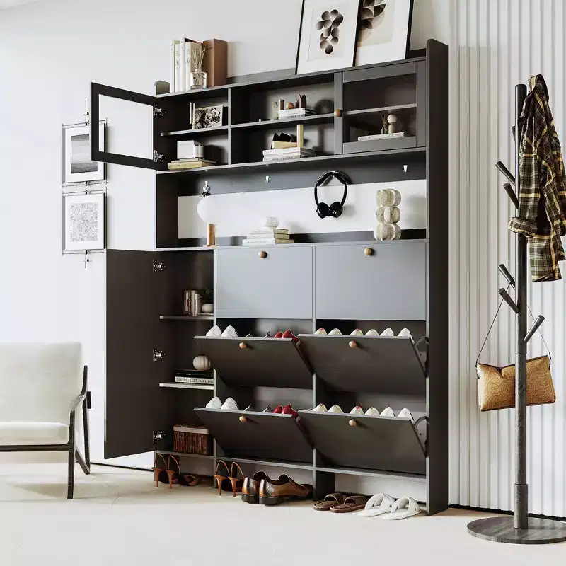 Multifunctional Tipping Bucket Shoe Cabinet Entryway Storage Cabinet Shoe Rack Organizer Hall Tree with 6 Flip Drawers&4 Hooks, White/Black-ModernLuxe