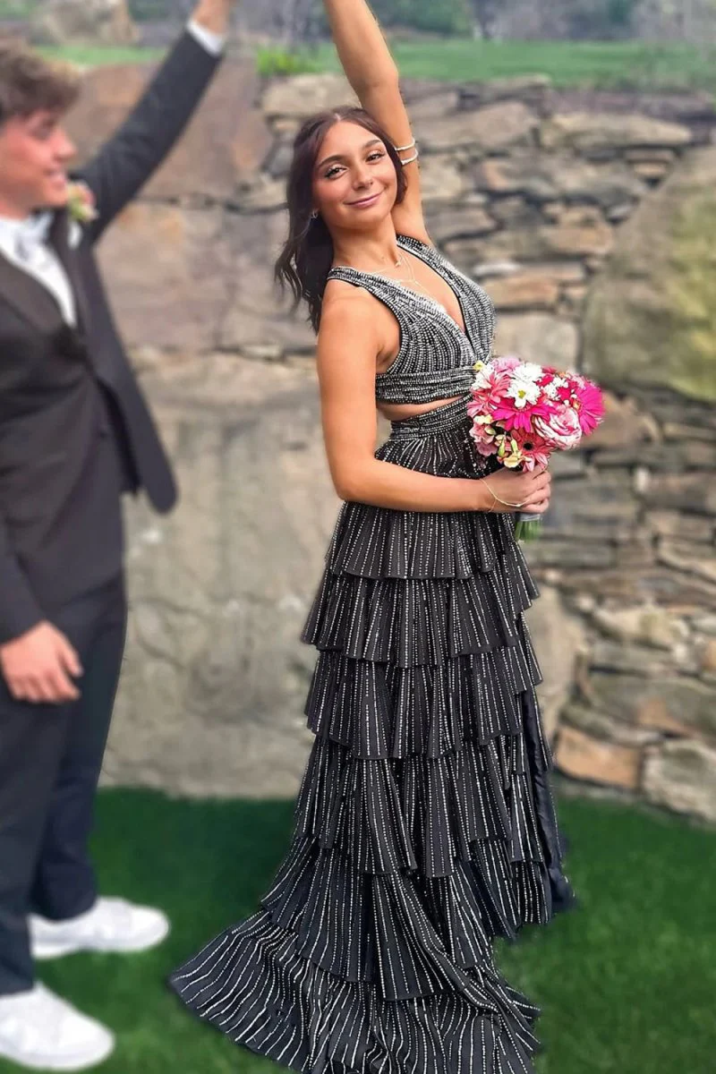 Black - A-Line V Neck Satin Beaded Long Prom Dresses With Ruffles