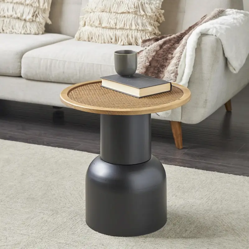 Handmade Round Rattan & Iron Accent Side Table – Black, Boho Style