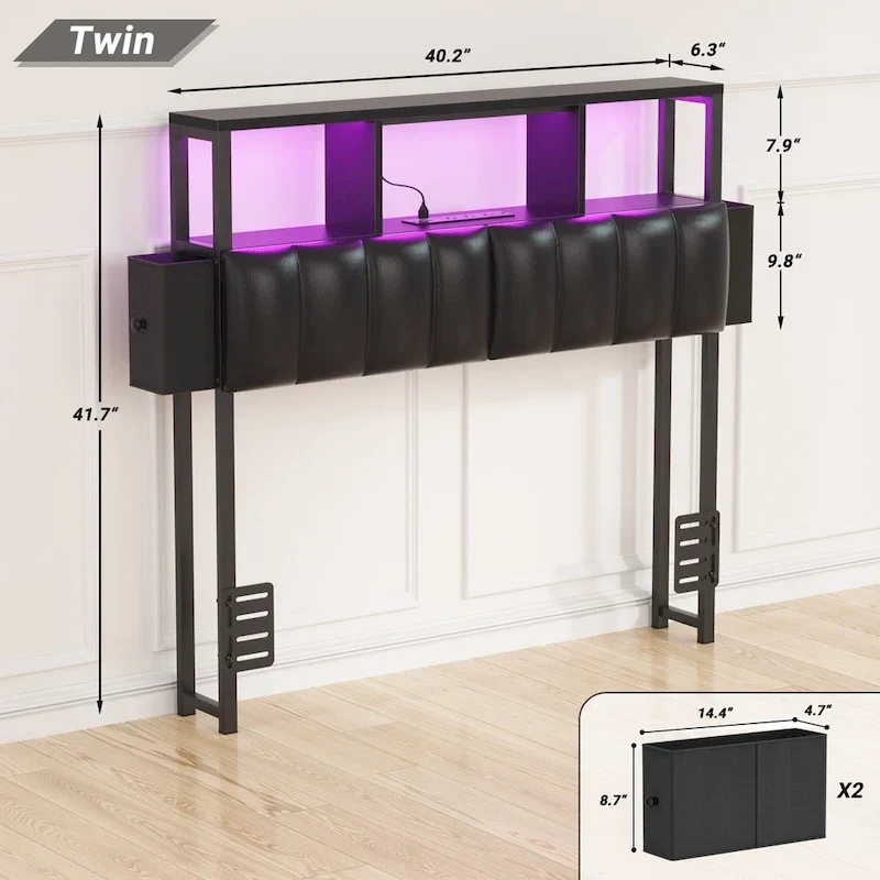 Upholstered Headboard with Hidden Drawer, Head Board with Power Outlet and LED Light