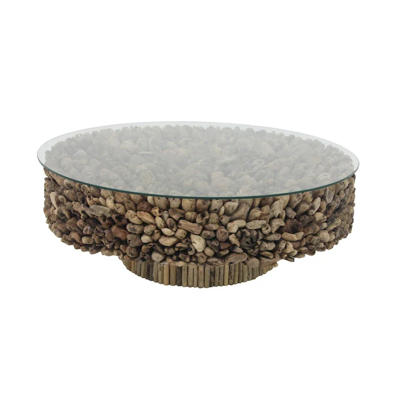 Round Coffee Table with Reclaimed Wood Base and Glass Top - Brown