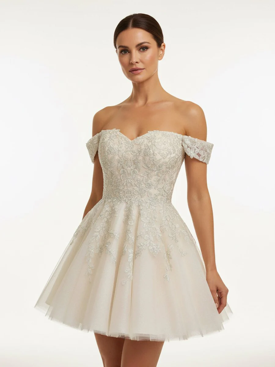 Lace White Appliques A-Line Short Wedding Dress