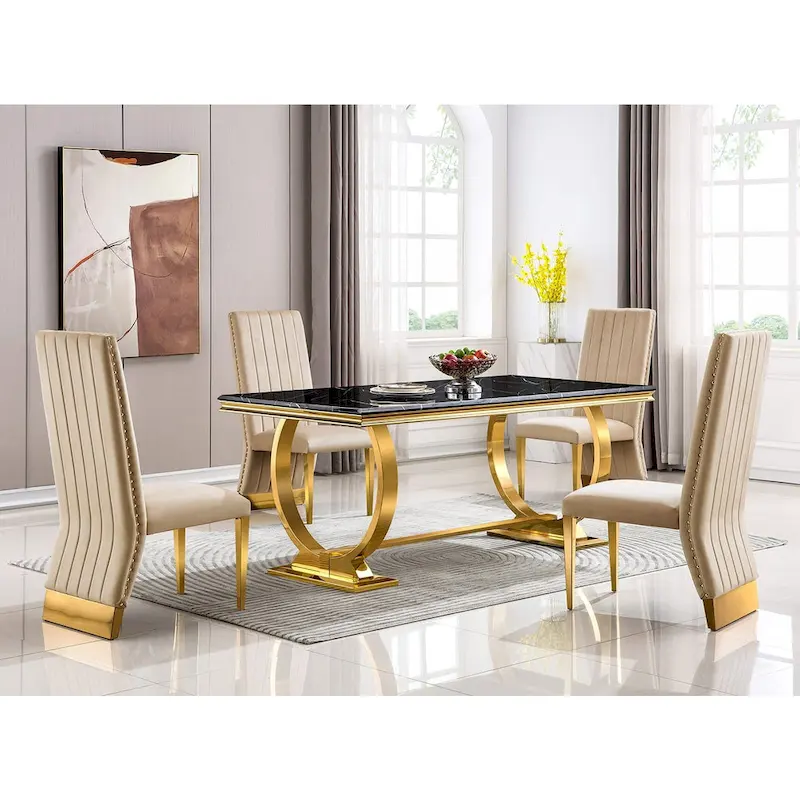 Modern Channel High Back Dining Chairs with Nailhead Trims and Polished Metal Legs