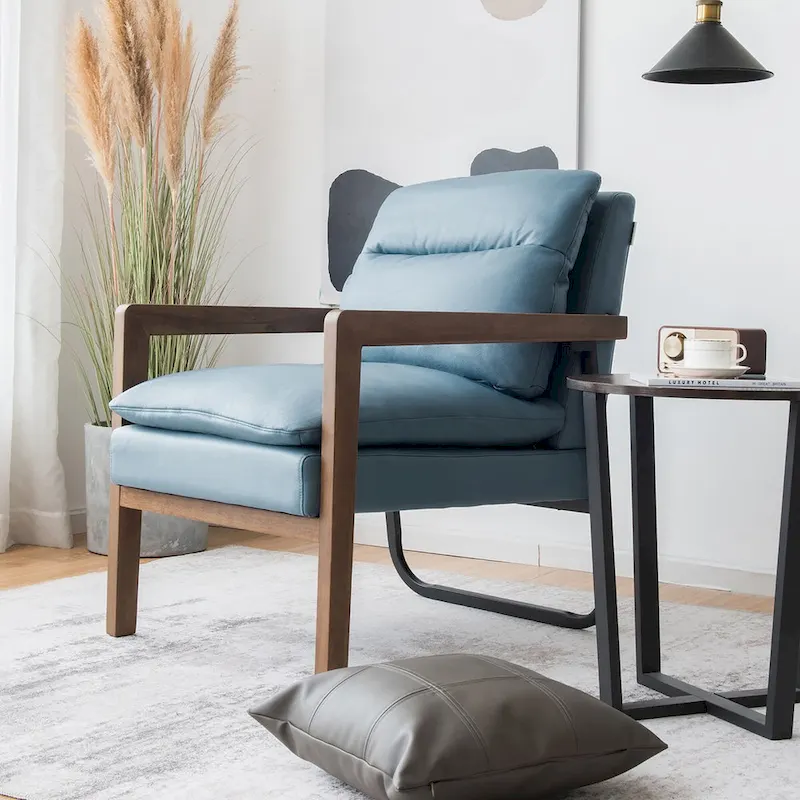 Blue Linen Accent Armchair with Rubber Wood Legs – 1-Seat