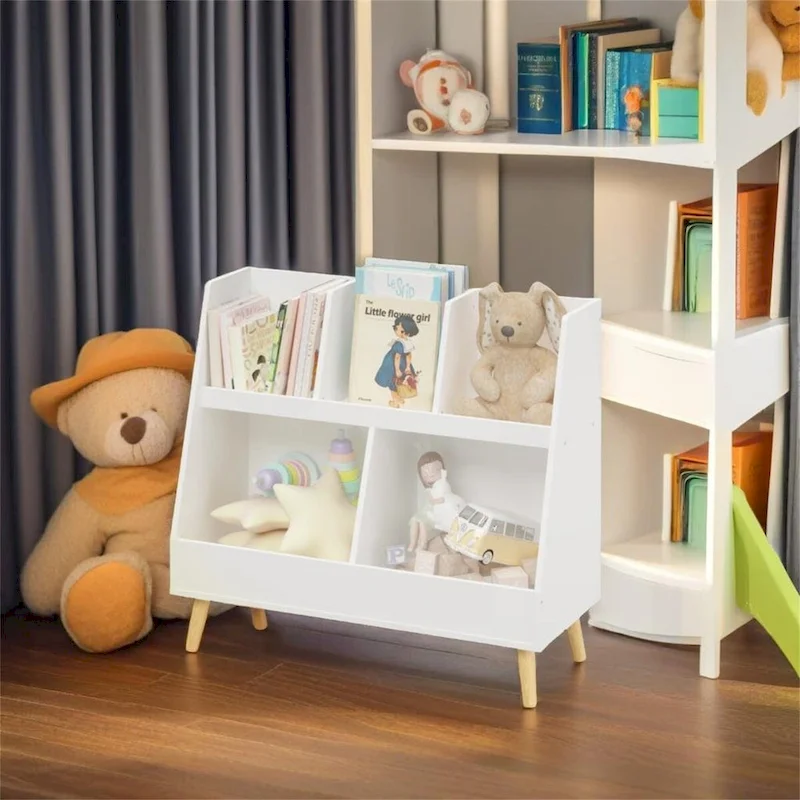 White Kids Bookshelf with Toy Organizer, 5-Cubby Storage Shelf for 1 Child