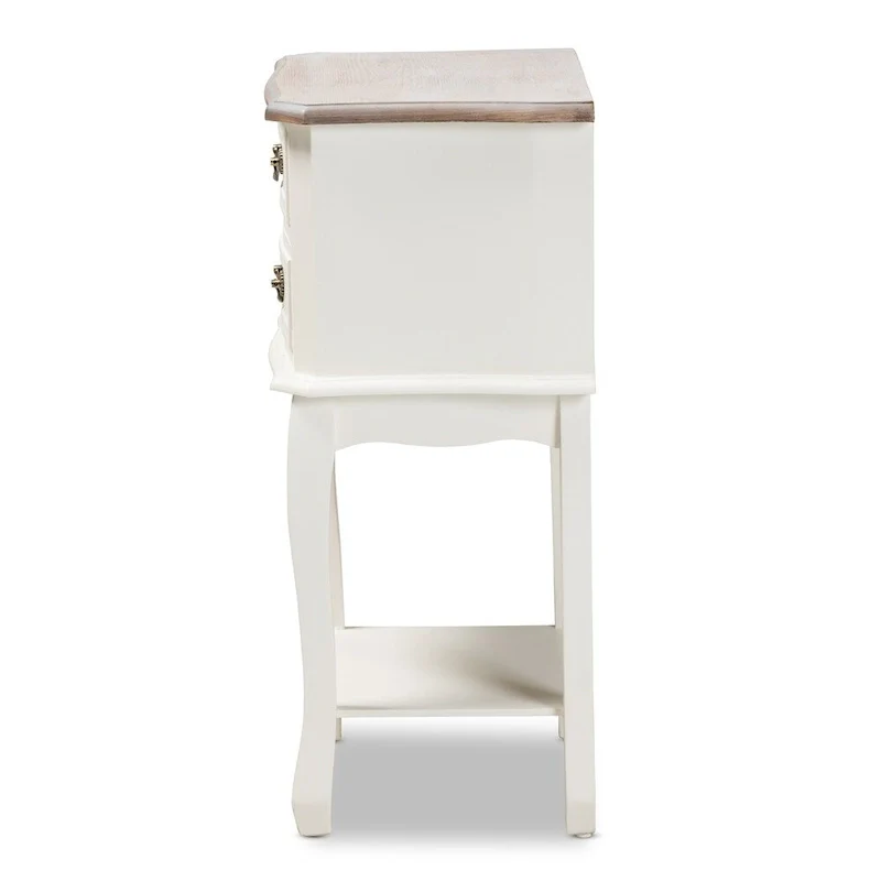 Amalie Antique French Country Cottage Two-Tone White and Oak Finished 2-Drawer Wood End Table