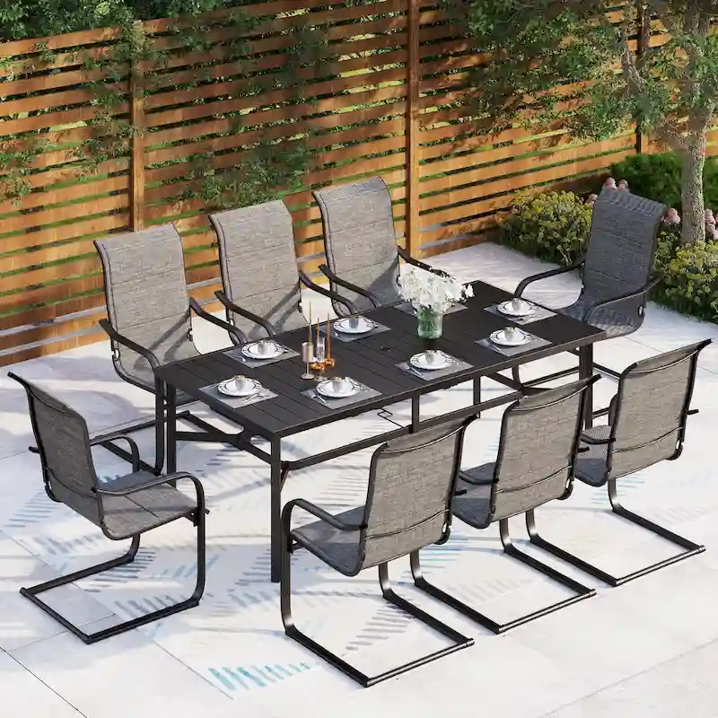MAISON ARTS 9 Pieces Patio Dining Set, 1 piece Metal Table and 8 pcs C Spring Dining Chairs
