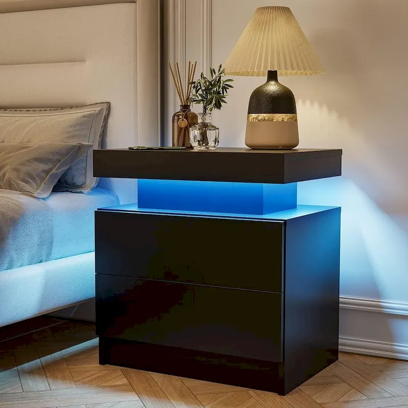 19.3 Modern 2 Drawers LED Nightstand with Adjustable Lights