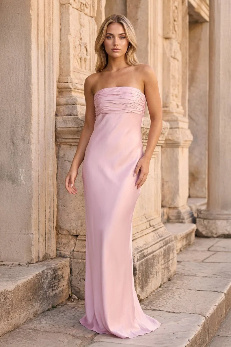 Ruched Strapless Pink Long Prom Dress