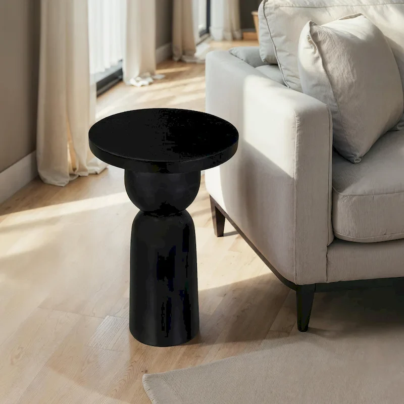 Black Round Mango Wood Side Table with Pedestal Base