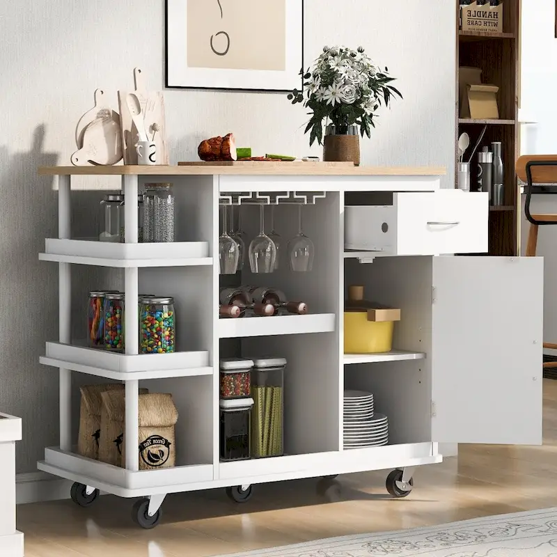 Rubber Wood Kitchen Cart with Adjustable Shelves and Wine Rack