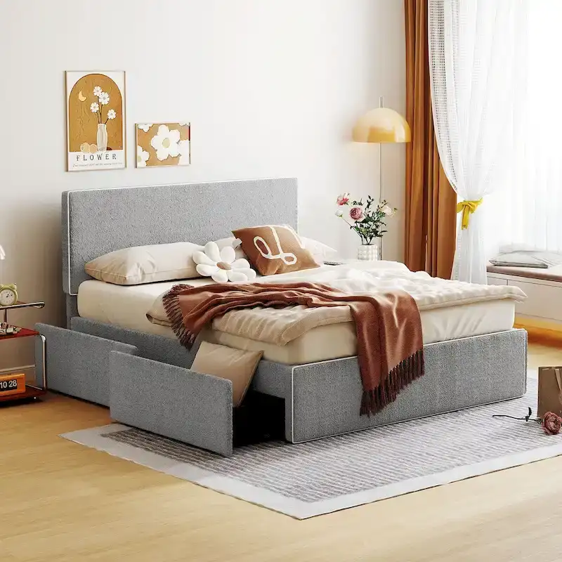 Full Size Fleece Platform Bed, Grey/White, 4 Drawers, Golden Edge, For 2