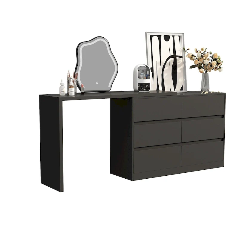White/Black 6-Drawer Rotating Dresser & Desk Combo, 1-Person