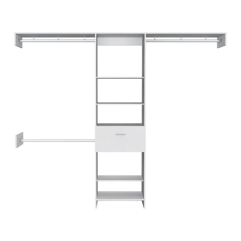 Cross Closet System with Drawer, 3 Metal Rods, and 5 Open Shelves