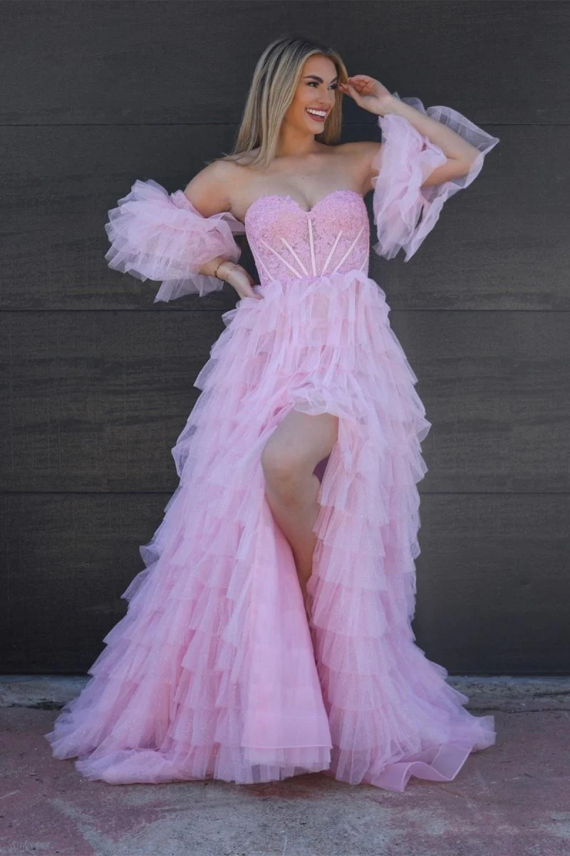 Pink - A line Sweetheart Glitter Tulle Prom Dress with Slit