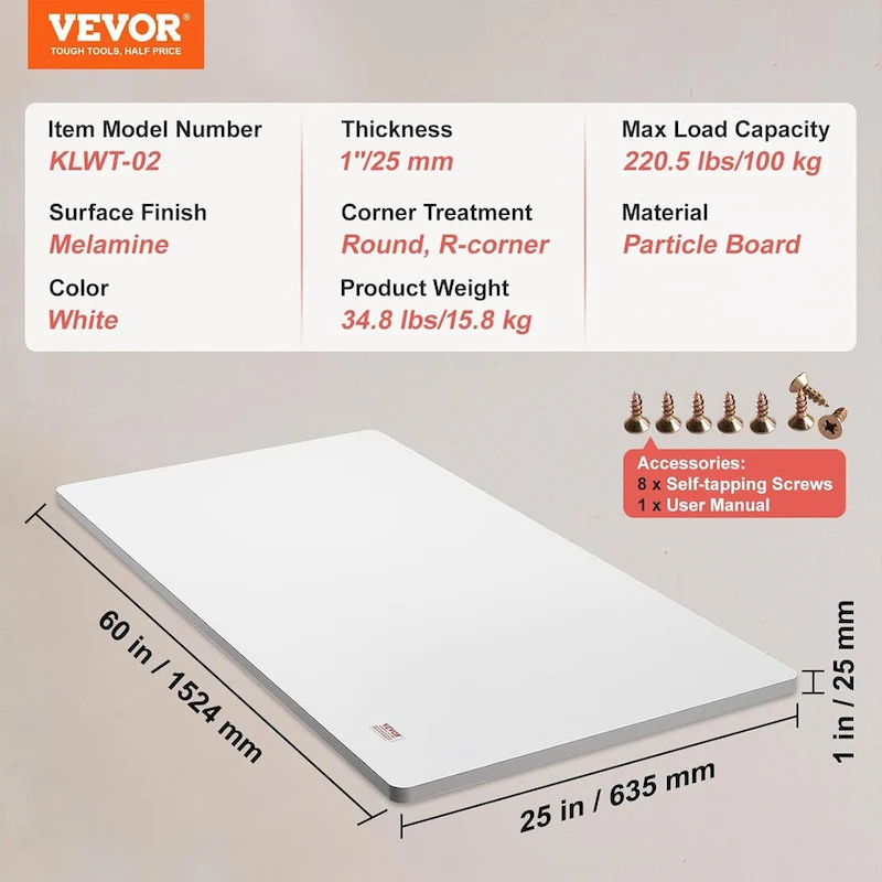 VEVOR 60 x 25 Inch Rectangular Tabletop for Adjustable Standing Desk, White - 34.8