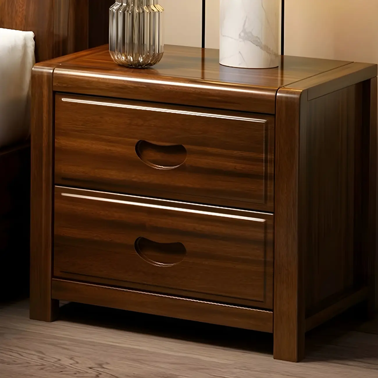 Traditional Nut-Brown 2-Drawer Wood Small Nightstand