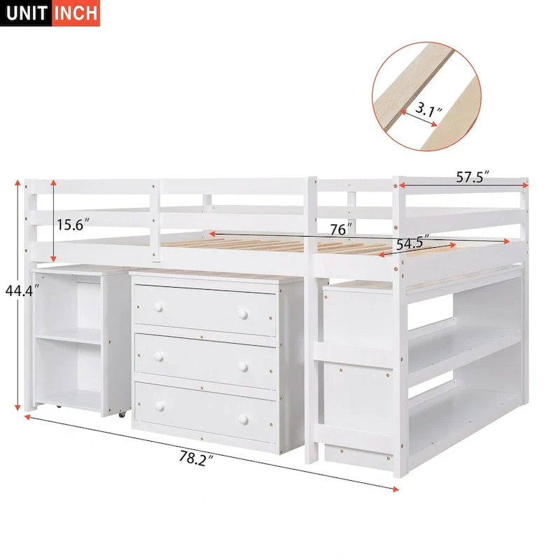 White Pine Wood Multifunctional Loft Bed with Movable Desk, Modular Bookshelf, Chest of Drawers
