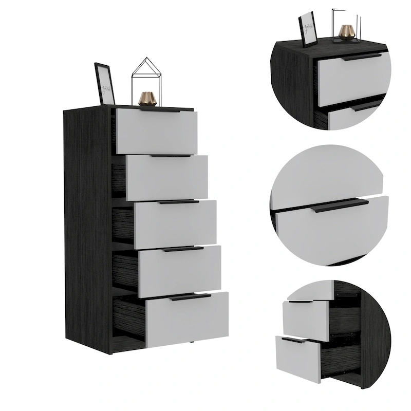 Wood Modern 5 Drawer Dresser Chest with Metal Glides and Handles