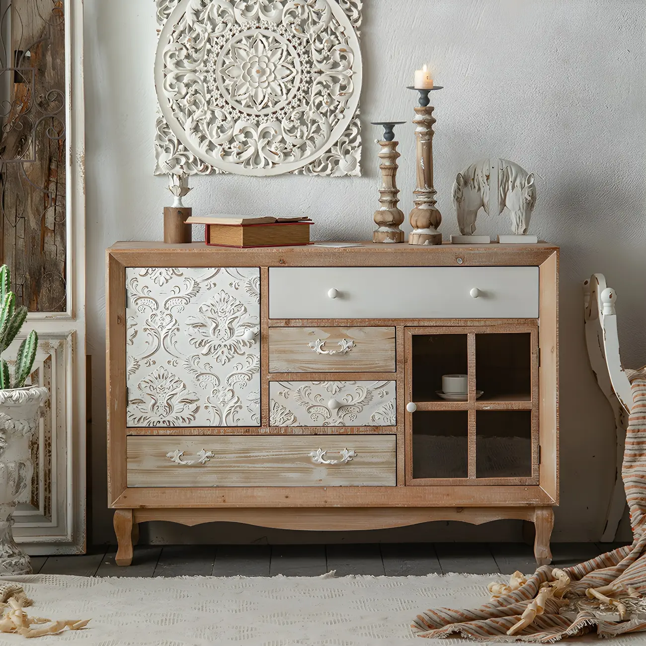 Rustic Wooden Sideboard with Decorative Drawers