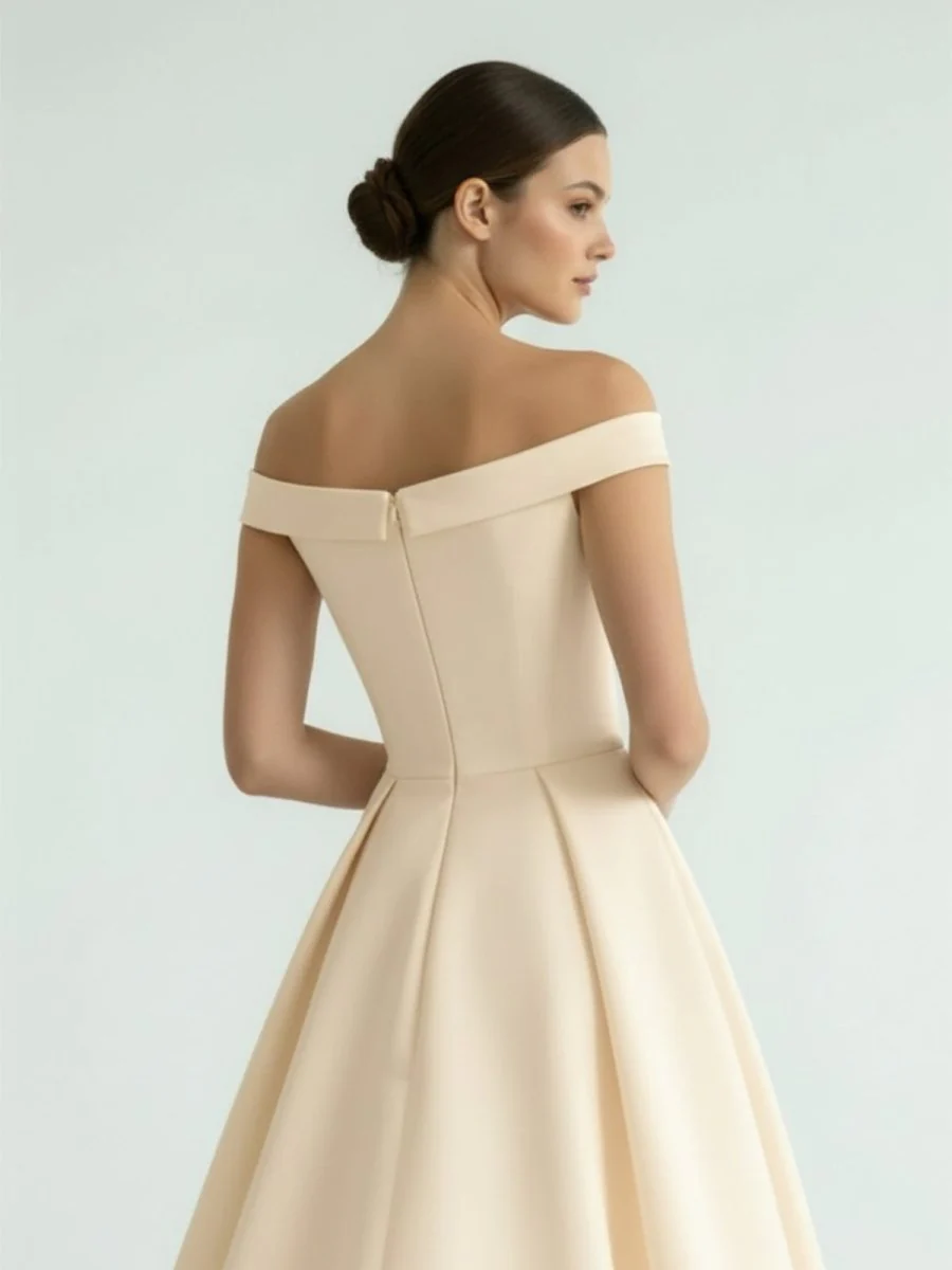 Sleeveless Tea-Length Satin Wedding Dress With Sash And Off-The-Shoulder Neck