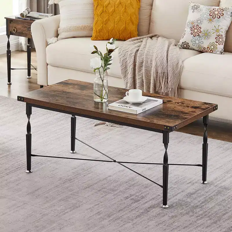 VECELO Rectangle Coffee Table for Living Room, Industrial Wood Look Accent Furniture, X-Shaped Design and Metal Frame, Rustic Brown