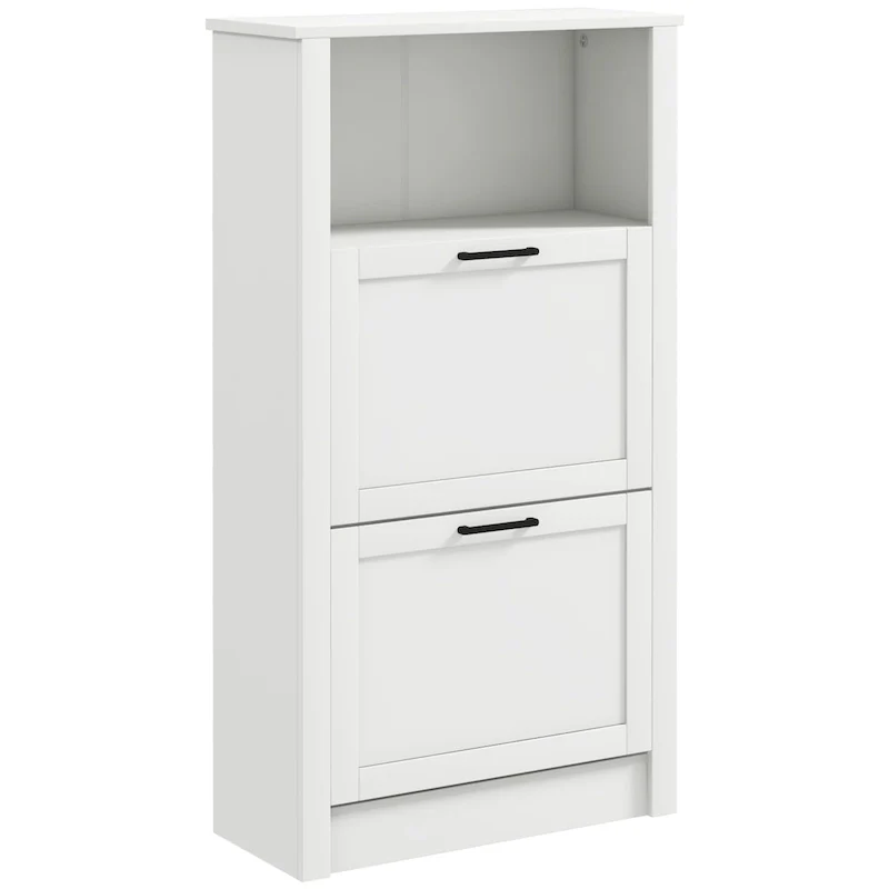 White Narrow Shoe Cabinet with Open Shelf and 2 Flip Drawers, Holds 10 Pairs