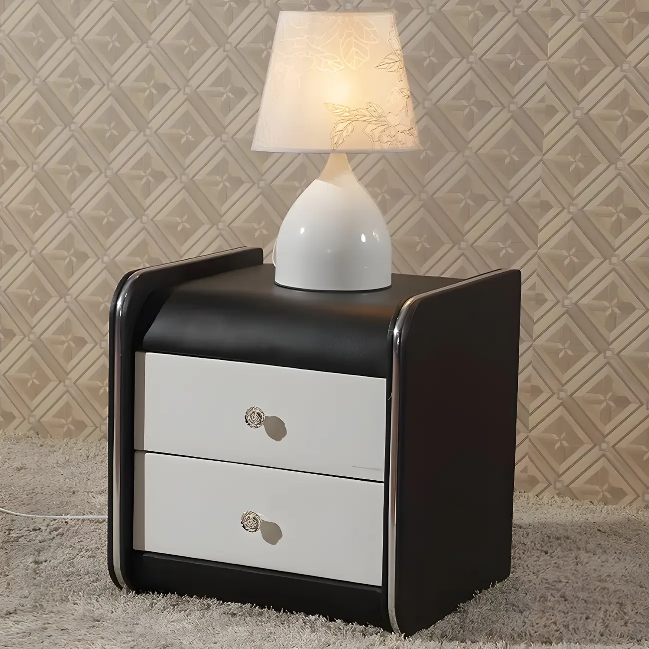 Luxurious Glossy Leather Wooden 2 Drawer Black Nightstand