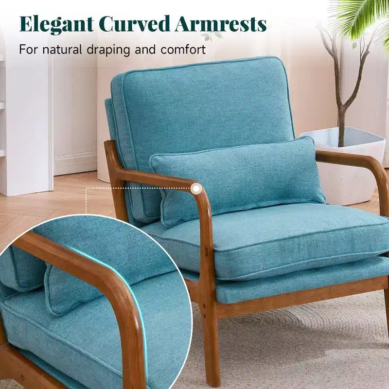 Karl Home 2Pcs Mid Century Solid Wood Accent Chair Upholstered Armchair with an Extra Pillow