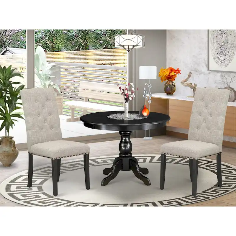 East West Furniture 3 Piece Dining Table Set Contains a Round Dining Table and 2 Linen Fabric Parson Chairs, (Finish Options)